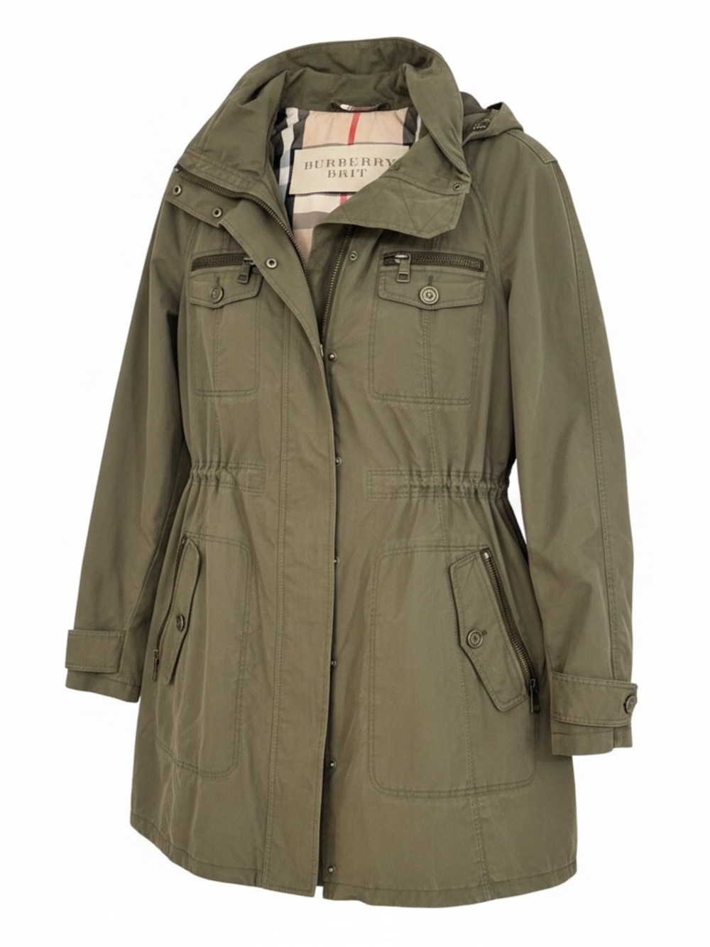 Burberry olive green Utility Jacket with hood.